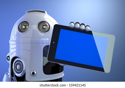 Robot holding blank digital tablet computer isolated on white background
