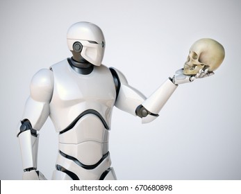 Robot Holding Human Scull, AI Takeover Concept, Automation, Artificial Intelligence 3d Rendering