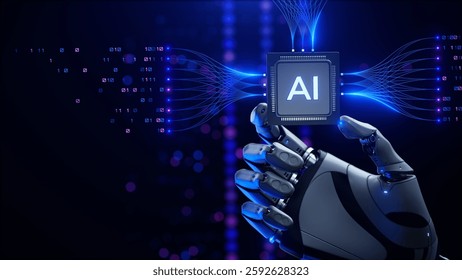 Robot holding a processor with AI - Artificial Intelligence, Technology and neural networks Concept. 3D Illustration