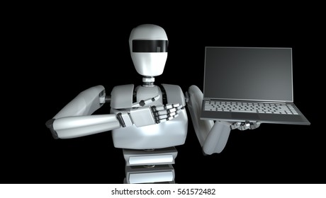 Robot holds and introduces notebook. 3D illustration