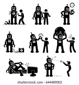 Robot And Human. Cliparts Depicts A Man Created A Robot. The Robot Becomes His Friend, Learning New Things, And Helps The Human To Do Work.