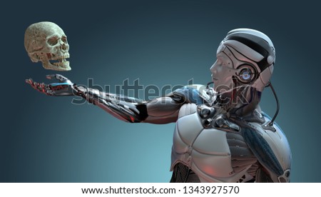 Robot and human skull artificial intelligence concept, 3d render