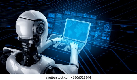 Robot Humanoid Use Laptop And Sit At Table For Big Data Analytic Using AI Thinking Brain , Artificial Intelligence And Machine Learning Process For The 4th Fourth Industrial Revolution . 3D Rendering.