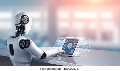 Robot Humanoid Use Laptop And Sit At Table For Big Data Analytic Using AI Thinking Brain , Artificial Intelligence And Machine Learning Process For The 4th Fourth Industrial Revolution . 3D Rendering.