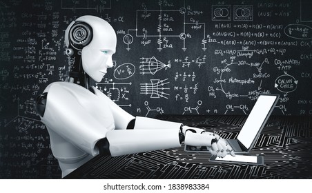 Los robots humanoides utilizan la laptop y se sientan en la mesa para estudiar ciencias de la ingeniería usando el cerebro del pensamiento de IA, inteligencia artificial y proceso de aprendizaje de máquinas para la cuarta revolución industrial. representación 3D