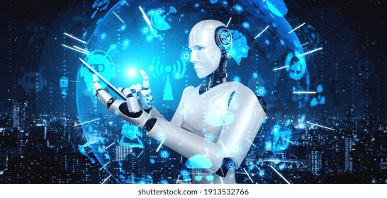 Robot Humanoid Use Mobile Phone Or Tablet For Global Network Connection Using AI Thinking Brain , Artificial Intelligence And Machine Learning Process For 4th Industrial Revolution . 3D Illustration.