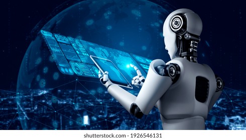 Robot Humanoid Using Tablet Computer For Big Data Analytic Using AI Thinking Brain , Artificial Intelligence And Machine Learning Process For The 4th Fourth Industrial Revolution . 3D Rendering.