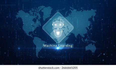 Robot icon and machine learning concept on digital world map background, representing artificial intelligence and big data analytics. Technology digital abstract background. 3d Rendering