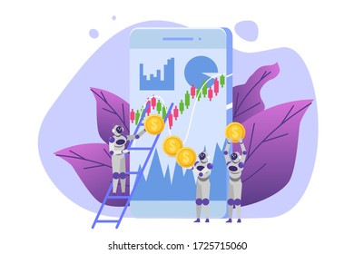 Robot investing, Robo-advisor. Artificial intelligence and businessman using IT algorithms for Forex tradings.  illustration