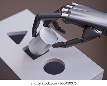 Robot Makes Wrong Decision Trying To Match Geometric Primitives In Shape Sorter Game Closeup. Machine Learning Neural Network Concept 3d Illustration