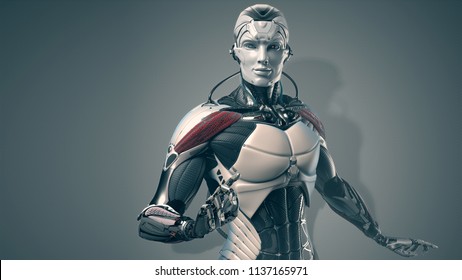 Robot man portrait, 3d realistic cyborg, bluish background
