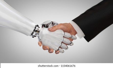 Roboter und Mann schütteln die Hände. 3D-Darstellung