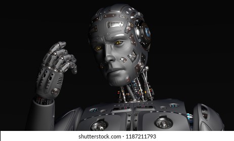 Robot Man Watching His Hand, 3d Illustration