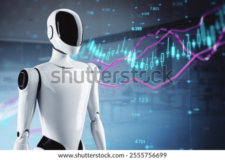 Robot model standing in front of virtual financial graphs, futuristic office setting, representing fintech, stock market, and AI analysis. 3D Rendering.