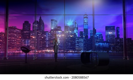 Robot In The Office Against The Backdrop Of The Night Cityscape, 3D Render.