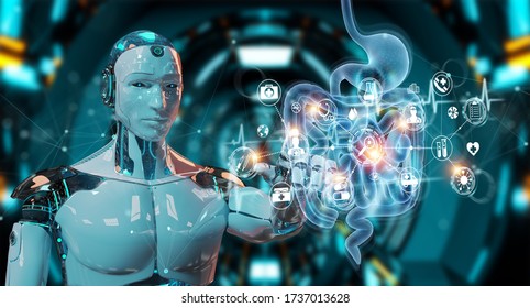 Robot on blurred background using digital x-ray of human intestine holographic scan projection 3D rendering - Shutterstock ID 1737013628