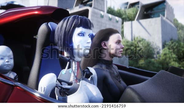 Robot and\
people in flying car. Futuristic city. flying car traffic. Future\
concept. 3d rendering. 3D\
Illustration