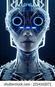  Robot Portarit Of Black And Blue Stunningly Beautiful Icebreaker Cyborg, Hybrid System Body, Electronics Shocks Wave, Symmetrical Bright Eyes, Elegant, Intricate Details,3D Illustration