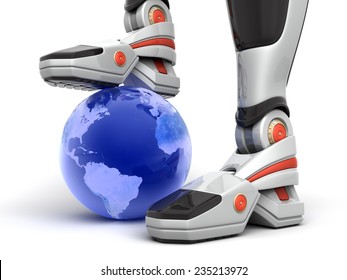 Robot Put His Leg Over The Globe. Elements Of This Image Furnished By NASA. 