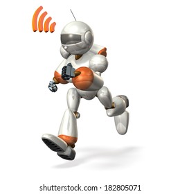 Robot running while communicating ,isolated, computer generated image,