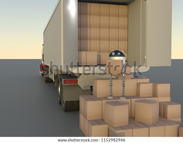 Robot with\
Shipping Boxes load in truck Render\
3d.