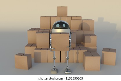 Robot with Shipping Boxes Render 3d.