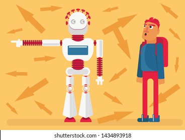 A robot shows a way to a man. Illustration of influence of artificial intelligence in our life, dilemma of implicit faith to technology