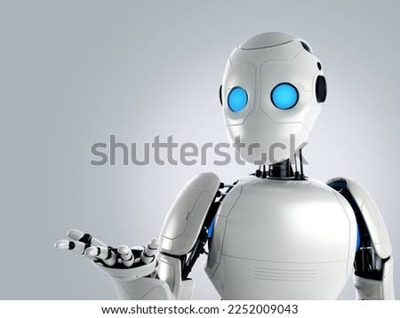 Robot sitting behind table 3D Render