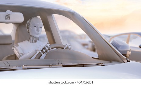 Robot stuck in a traffic jam - autonomous transport  and self-driving cars concept 3D illustration. 