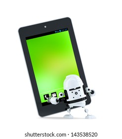 Robot with tablet pc. Isolated on white background