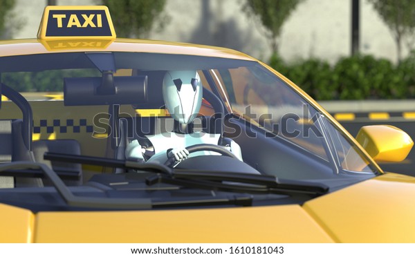 Robot taxi driver sits at the wheel of a yellow\
taxi. Car with autopilot. Future concept with smart robotics and\
artificial intelligence. 3D\
rendering