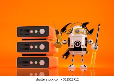 Robot Technician doing maintenance on server. Contains clipping path - Powered by Shutterstock