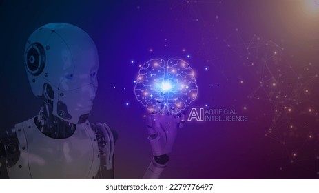 Robot touching brain with AI icon provide access information. Artificial intelligence digital chat bot, machine learning concept, big data, cloud computing, computer network and innovation technology.