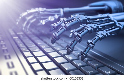 Robot Typing On A Computer Keyboard - Automation And AI Research Concept 3D Illustration