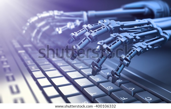 Robot typing on a computer keyboard -\
automation and AI research concept 3D\
illustration