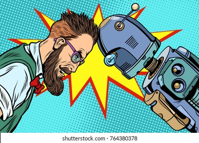 Robot Vs Human, Humanity And Technology. Pop Art Retro  Vintage Illustrations