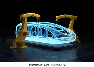 Robot Welder In Automobile Industry. White Robots Welding Car Body On Automobile Factory. The Robots Draw The Outline Of The Concept Car With A Laser Ray Or Beam. 3d Illustration, 3d Rendering.