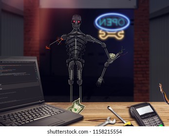The robot went into the workshop to fix his hand. 3D rendering.