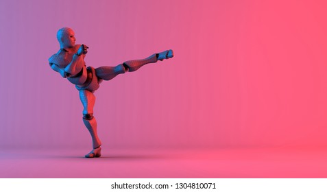 Robot wireframe kick on gradient red violet background, 3d rendering - Shutterstock ID 1304810071