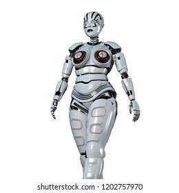 Robot Woman or Female Cyborg on white background. 3D render