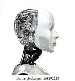 A Robot Woman Head With Internal Technology ,side View Isolated On White Background.