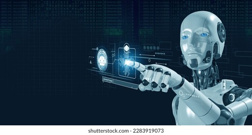 Robot working with digital display, Internet connection controlled by AI robot humanoid and machine learning process to analyze data connectivity and cyber security, Illustration of robot 3D