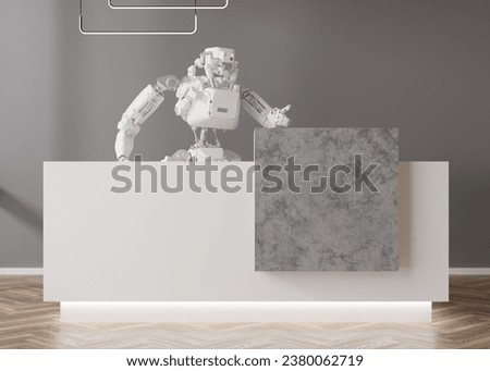 Robot working on reception. Artificial intelligence, digital technology. Humanoid, cyborg. Robotics technology, sci-fi. Robots replacing humans at work. Technological progress. 3D. 3D Illustration