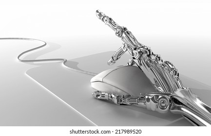 Robot works in office and uses computer mouse.  Conceptual 3d illustration