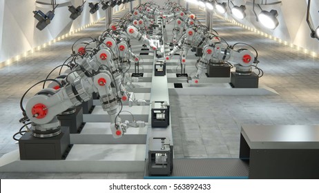 Robotic Arm Assembling 3d Printer On Conveyor Belt 3d Illustration