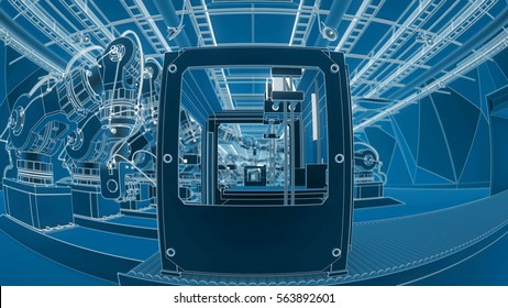 Robotic Arm Assembling 3d Printer On Conveyor Belt 3d Illustration