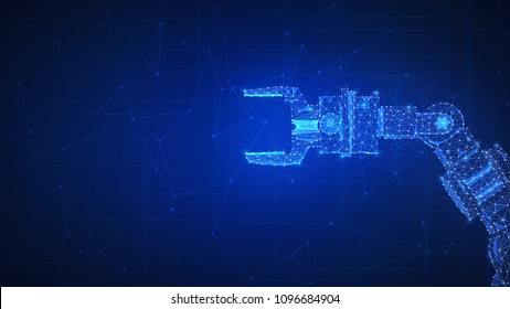 Robotic arm futuristic hud background. Polygon robo hand as a concept of automatization, machinery, robotic technology, industrial revolution and artificial intelligence. Low poly design.