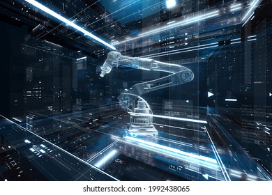 Robotic arm futuristic hud background. Polygon robot hand as a concept of automatization, machinery, robotic technology, industrial revolution and artificial intelligence. 3d illustration.