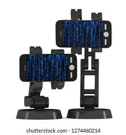Robotic arm hold smartphone with Binary Computer Code. Manufacture technology industry assembly mechanic hand 3d render illustration isolated on white