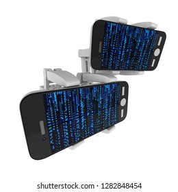 Robotic arm hold smartphone with Binary Computer Code. Manufacture technology industry assembly mechanic hand 3d render illustration isolated on white